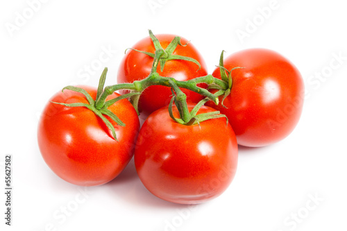 Photo: Closeup of tomatoes on the vine isolated on white. Tomato branch Closeup of tomatoes on the vine isolated on white. Tomato branch