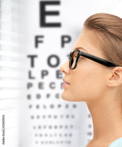 Photo: woman in eyeglasses with eye chart woman in eyeglasses with eye chart