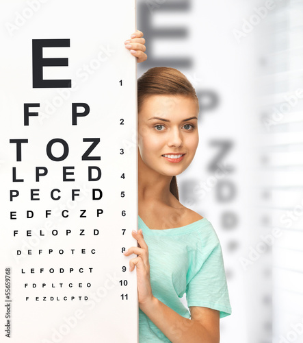 Photo: woman in eyeglasses with eye chart woman in eyeglasses with eye chart