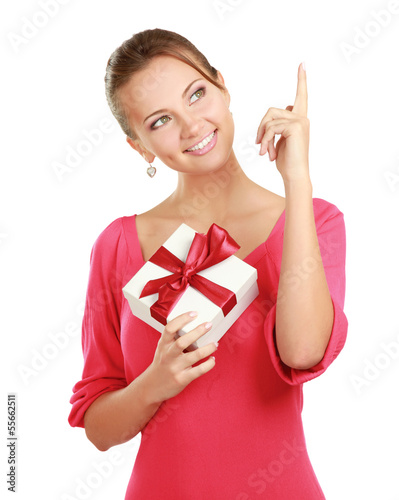 Photo: Woman holding gift box isolated on white background Woman holding gift box isolated on white background