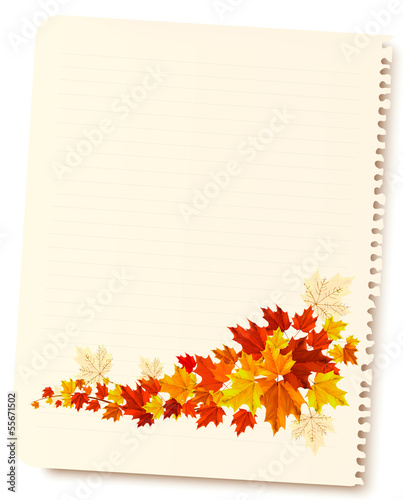 Vector: Autumn background with sheet of paper and colorful leaves. Back Autumn background with sheet of paper and colorful leaves. Back