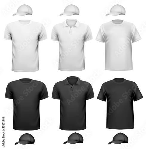 Vector: Black and white men shirt and cup. Design template. Vector illus Black and white men shirt and cup. Design template. Vector illus