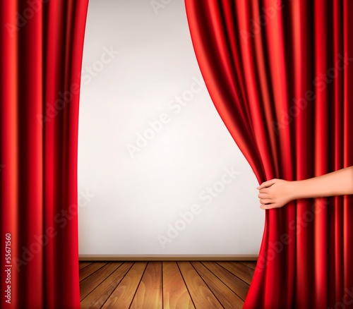 Vector: Background with red velvet curtain and hand. Vector illustration Background with red velvet curtain and hand. Vector illustration