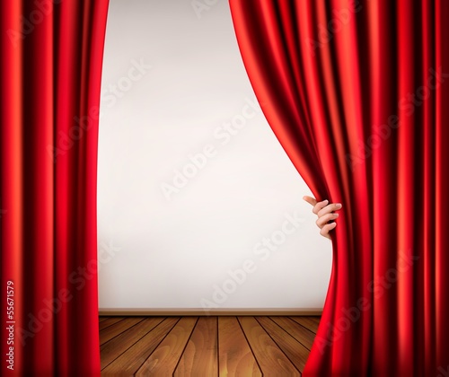 Vector: Background with red velvet curtain and hand. Vector illustration Background with red velvet curtain and hand. Vector illustration