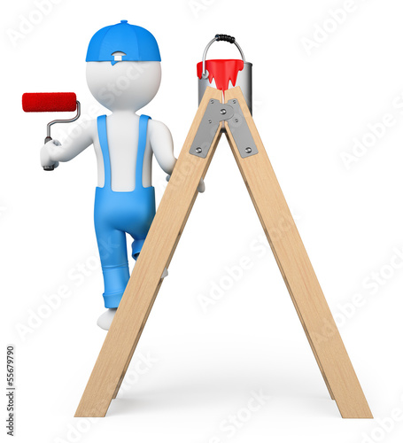 Illustration: 3D white people. Painter working with a roller brush 3D white people. Painter working with a roller brush