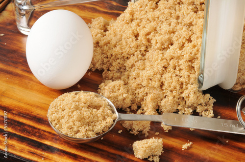 Photo: Cooking ingredients, brown sugar and eggs Cooking ingredients, brown sugar and eggs