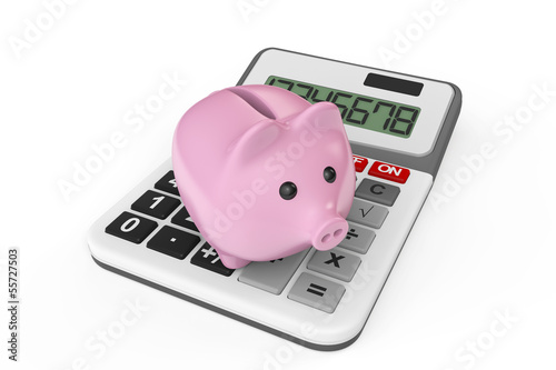 Illustration: Calculating Savings Concept. Piggy Bank with calculator Calculating Savings Concept. Piggy Bank with calculator