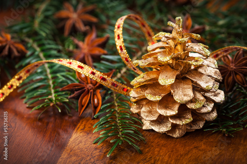 Photo: Traditional Christmas decoration on wooden table Traditional Christmas decoration on wooden table