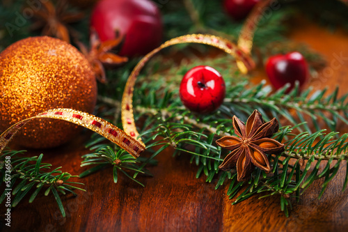 Photo: Traditional Christmas decoration on wooden table Traditional Christmas decoration on wooden table