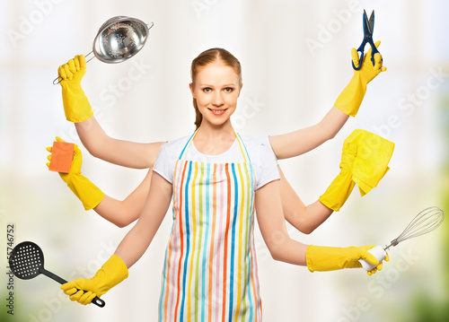 Photo: concept idea. omnipotent universal woman housewife with many han concept idea. omnipotent universal woman housewife with many han