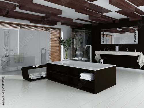 Illustration: Dark luxury bathroom interior with modern furniture Dark luxury bathroom interior with modern furniture