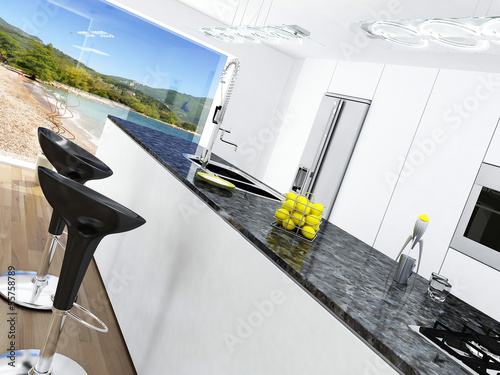 Illustration: Modern white kitchen interior with nice view Modern white kitchen interior with nice view