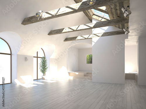 Illustration: Empty white room with large windows and wooden beam Empty white room with large windows and wooden beam
