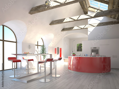 Illustration: Modern red kitchen interior in a sunny light room Modern red kitchen interior in a sunny light room