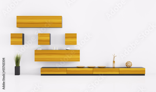 Illustration: Living room with shelves 3d render Living room with shelves 3d render