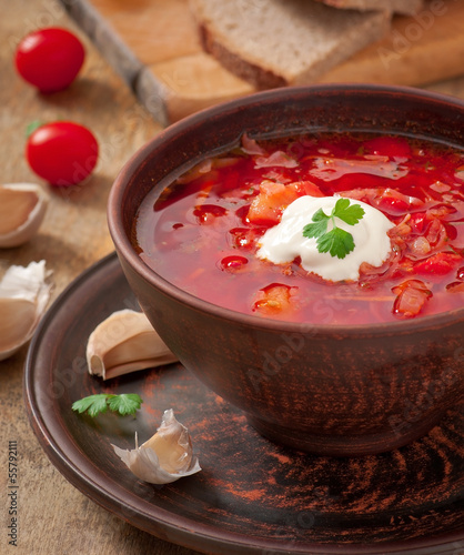 Photo: Ukrainian and russian national red soup borsch closeup Ukrainian and russian national red soup borsch closeup