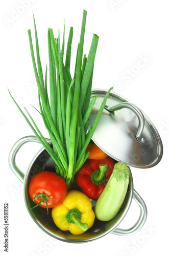 Photo: Colorful vegetables in a stainless steel cooking pot Colorful vegetables in a stainless steel cooking pot
