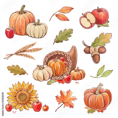 Illustration: Collection of watercolor autumn illustrations. Thanksgiving set Collection of watercolor autumn illustrations. Thanksgiving set