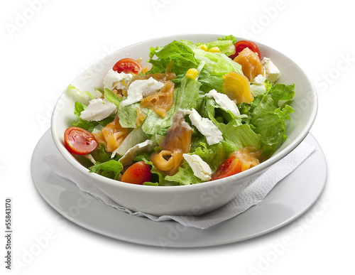 Photo: Healthy salad with smoked salmon,cheese,corn,cherry tomato Healthy salad with smoked salmon,cheese,corn,cherry tomato