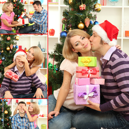 Photo: Collage of happy family celebrating Christmas at home Collage of happy family celebrating Christmas at home