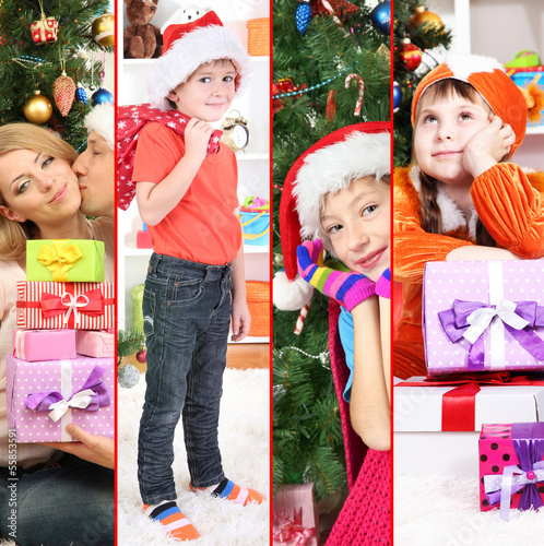 Photo: Collage of happy family celebrating Christmas at home Collage of happy family celebrating Christmas at home