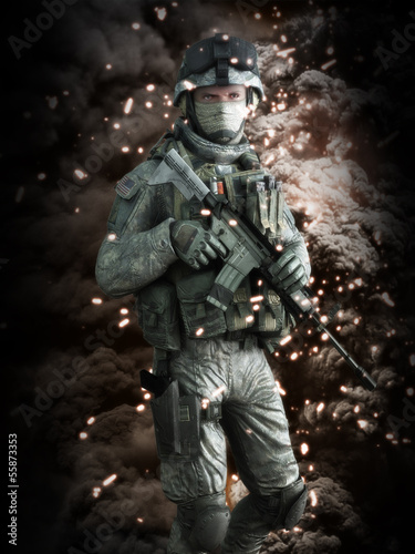 Photo: American soldier with a battlefield background. 3d model scene American soldier with a battlefield background. 3d model scene