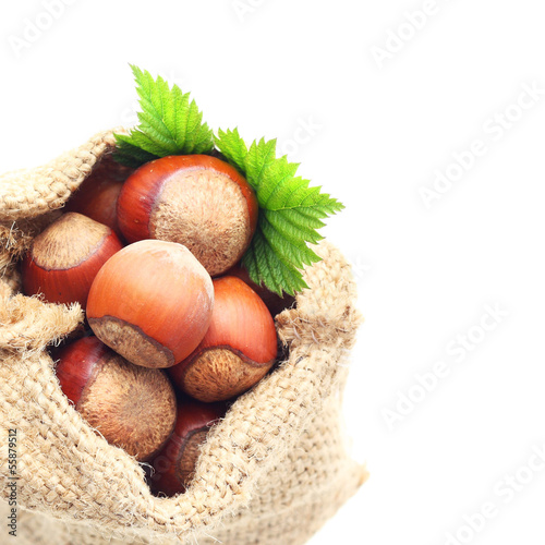 Photo: Hazelnuts in sack isolated Hazelnuts in sack isolated