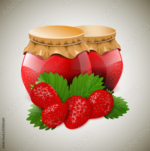 Vector: Two jar of jam with strawberry and leaves Two jar of jam with strawberry and leaves