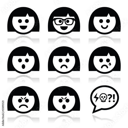 Vector: Smiley girl or woman faces, avatar vector icons set Smiley girl or woman faces, avatar vector icons set