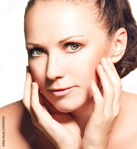 Photo: skin care. Beauty face of young woman isolated on white skin care. Beauty face of young woman isolated on white