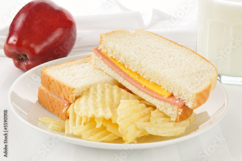 Photo: Bologna sandwich with an apple and milk Bologna sandwich with an apple and milk
