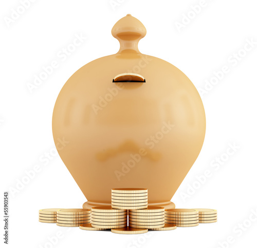 Illustration: Clay piggy bank and coins Clay piggy bank and coins