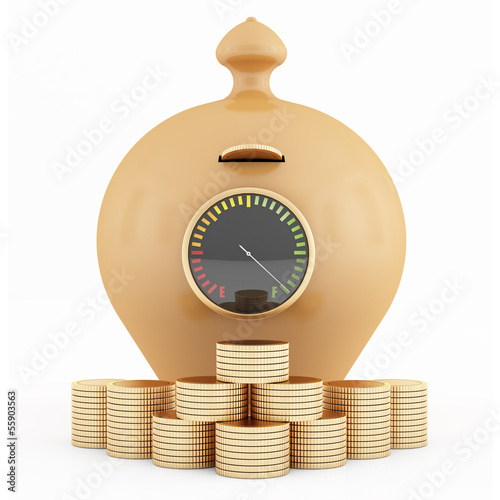 Illustration: Full clay piggy-bank and coins Full clay piggy-bank and coins