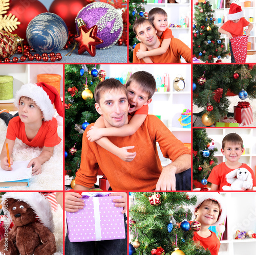Photo: Collage of happy family celebrating New Year at home Collage of happy family celebrating New Year at home