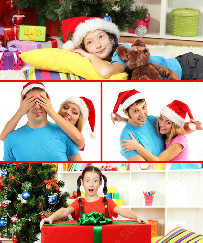 Photo: Collage of happy family celebrating Christmas at home Collage of happy family celebrating Christmas at home