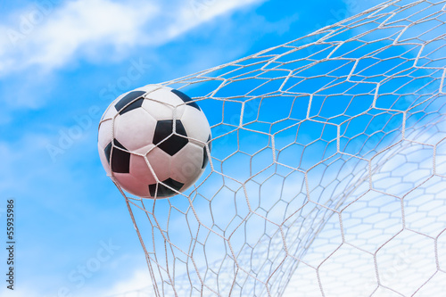 Photo: soccer ball in goal net soccer ball in goal net