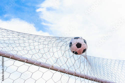 Photo: football in goal net football in goal net