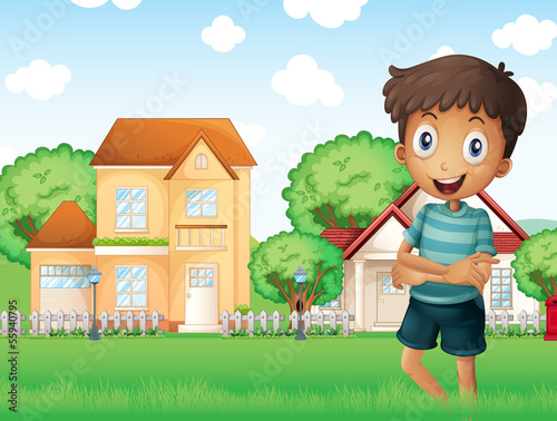 Vector: A smiling boy standing in front of the neighborhood A smiling boy standing in front of the neighborhood