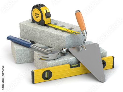 Illustration: Construction concept. Bricks, trowel, hammer and level. Construction concept. Bricks, trowel, hammer and level.
