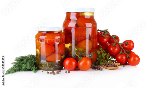 Photo: Tasty canned and fresh tomatoes, isolated on white Tasty canned and fresh tomatoes, isolated on white
