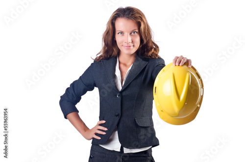 Photo: Woman construction worker with hard hat on white Woman construction worker with hard hat on white