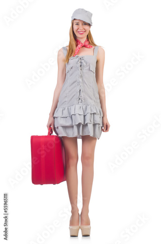 Photo: Young woman with suitcase on white Young woman with suitcase on white