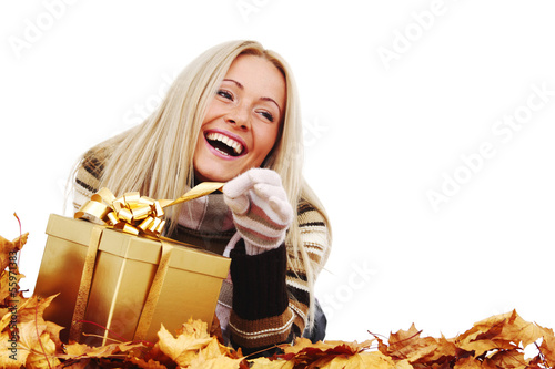Photo: woman take autumn gift woman take autumn gift