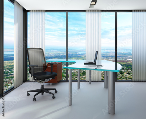Illustration: Modern office interior with huge windows with panoramic view Modern office interior with huge windows with panoramic view