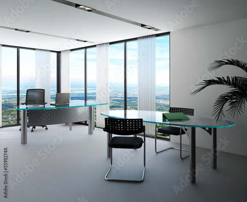 Illustration: Modern office interior with huge windows with panoramic view Modern office interior with huge windows with panoramic view