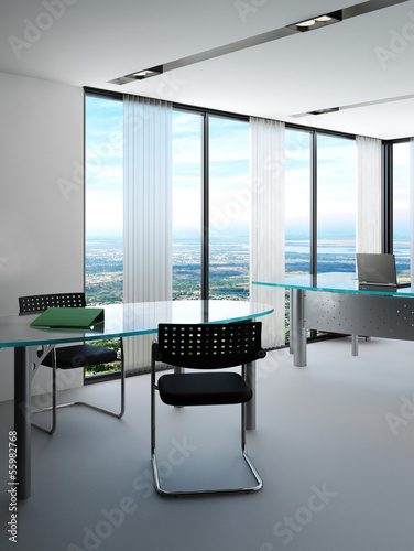 Illustration: Modern office interior with huge windows with panoramic view Modern office interior with huge windows with panoramic view