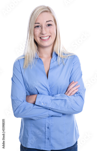 Photo: Blondes Mädchen lachend in Bluse blau isoliert Blondes Mädchen lachend in Bluse blau isoliert