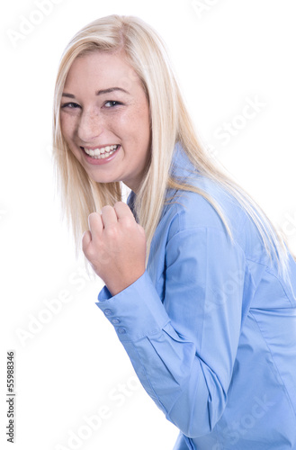 Photo: Lachendes blondes Mädchen isoliert mit Bluse in Blau Lachendes blondes Mädchen isoliert mit Bluse in Blau