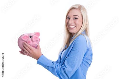 Photo: Bankenwerbung - junges Mädchen mit Sparschwein isoliert Bankenwerbung - junges Mädchen mit Sparschwein isoliert