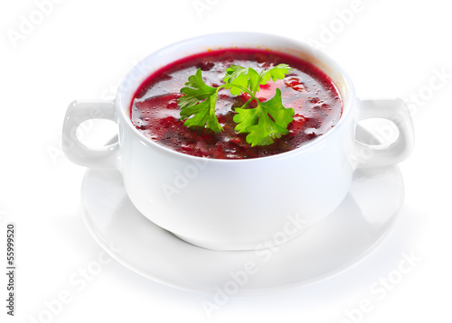 Photo: borscht soup on white background borscht soup on white background